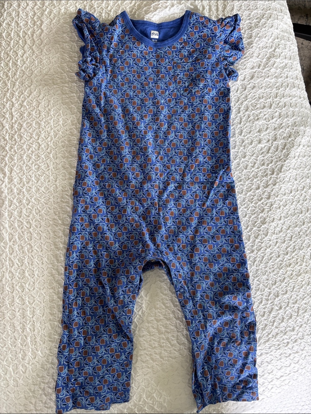 Tea Collection Blue Ruffle-Sleeve One-Piece Bodysuit with Orange Accents